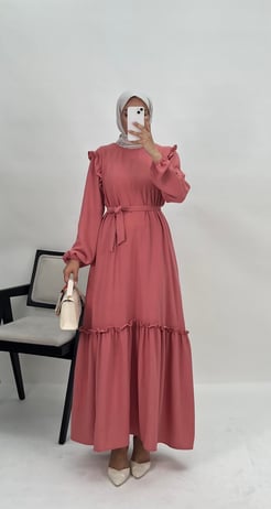 2147-ayrobin kumaş-fırfır detaylı kol ucu lastikli elbise-PEMBE