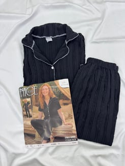 ç6967-bürümcük kumaş gömlek yaka kısa kollu pijama takımı-siyah