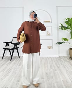35891 -nada kumaş fitilli yanları baglamalı gömlek - acı kahve 