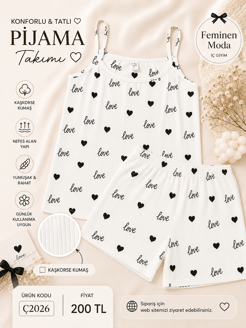 ç2026-kaşkorse kumaş ip askılı şortlu love pijama takımı-beyaz