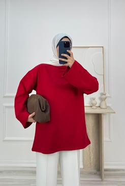 1580-kristal kumaş kolları bol tunik-kırmızı