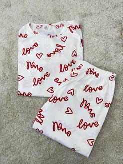 ç0030-milan kumaş kısa kollu love pijama takımı-beyaz