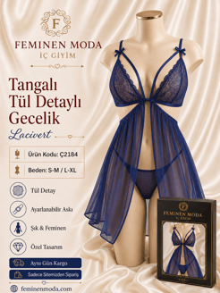 ç2184 - tangalı tül gecelik lacivert