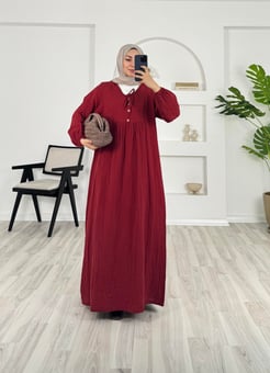 7611 - müslin kumaş önü dügmeli elbise - bordo
