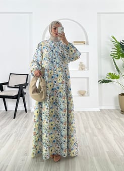 5196-lilium kumaş-çiçek desenli beline kadar düğmeli elbise-mavi
