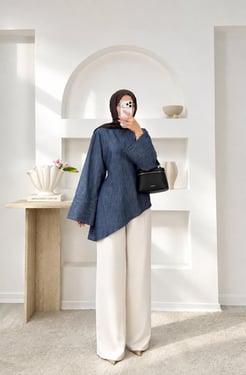 6694-tencel kumaş asimetrik tunik-mavi
