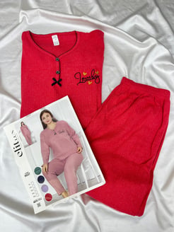 Ç8398 - büyük beden önü dügmeli fitilli pijama takımı - kırmızı