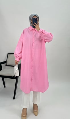 2123-Terikoton kumaş-çizgili-seyyar kuşaklı uzun tunik-pembe