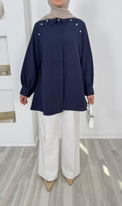 9052-terikoton kumaş taşlı kuşaklı tunik-lacivert