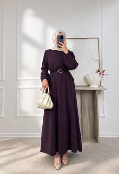 7846-modal kumaş kemeri tokalı elbise-bordo