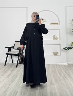 79831 - keten kumaş yelekli elbise - siyah 