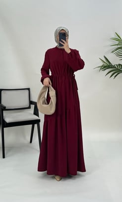 910469 E4+Ayrobin kumaş gizli düğmeli beli lastikli çarpraz katlı etekli elbise -bordo