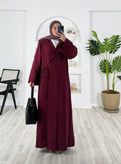 5667-önden bağcıklı keten trenç-bordo