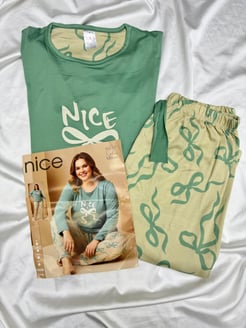 ç5837-milan lizbon kumaş  fiyonk desenli pijama takımı-yeşil