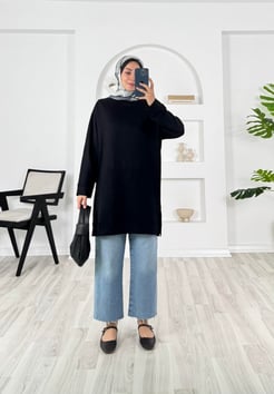 3622-kristal kumaş-yanları yırtmaçlı tunik-siyah