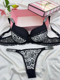 Ç953 Victoria Secret Dantelli Sütyen Takımı(özel kutusuyla)-SİYAH LEOPAR