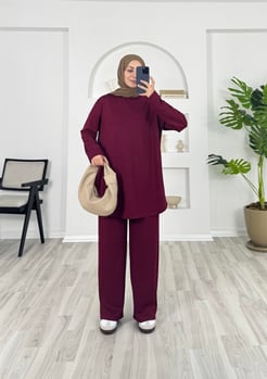 7310 - oysho kumaş bol paça pantolonlu takım - bordo