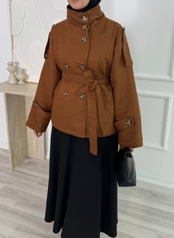 7156-dik yaka süet kumaş kısa trenç-taba