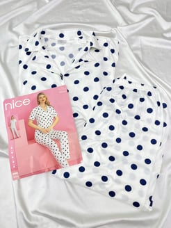 ç5029 - milan kumaş gömlek yaka kısa kollu puantiyeli pijama takımı - beyaz 