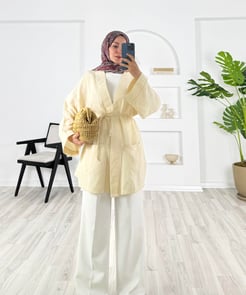 83210 - müslin kumaş belden baglamalı kimona - taş