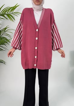4943-Kolları çizgili triko hırka-pembe