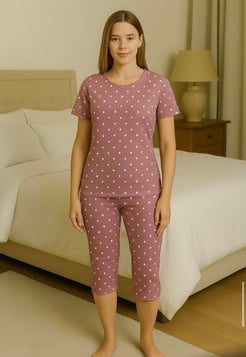 Ç1078 - kısa kollu kapri milan kumaş puantiyeli pijama takımı - gül kurusu 
