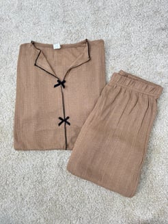 ç1315-zincir kumaş önü fiyonklu pijama takımı-kahve