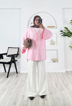 6878 - keten kumaş v yaka gömlek - pembe 