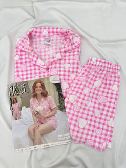 ç6812-bürümcük kumaş şortlu kısa kollu kalpli pijama takımı-pembe