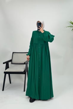 7166-kaş kumaş-kol ucu lastikli-boydan düğmeli elbise-yeşil