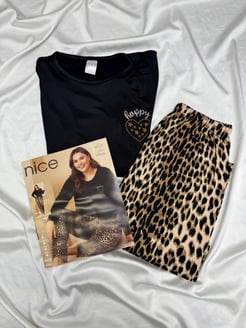 ç5838-milan lizbon kumaş  leopar desenli pijama takımı-siyah