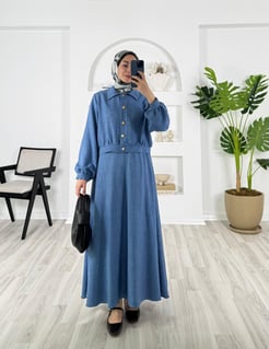 2035-sofia keten kumaş-önü düğmeli etekli takım-mavi