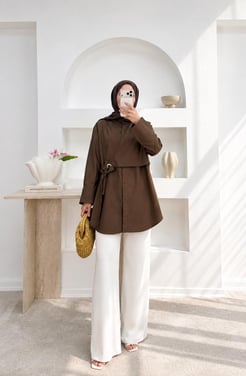 4548-poplin kumaş-bağlamalı gömlek-acı kahve 