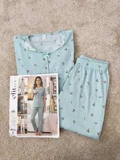 ç8658-milan kumaş kısa kollu pijama takımı-yeşil