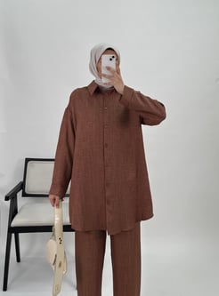 6184-keten kumaş-pantolonlu tunik takım-kahve