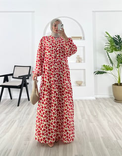 3166-lilium kumaş-kiraz ve çiçek desenli elbise-kırmızı
