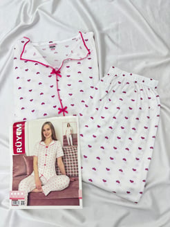 Ç8279 RAPORLU KAŞKORSE KALP DESEN FİYONKLU  PİJAMA TAKIMI -PEMBE