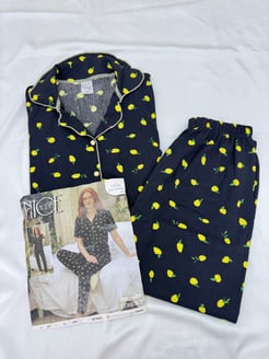 ç6848-bürümcük kumaş gömlek yaka kısa kollu pijama takımı-siyah