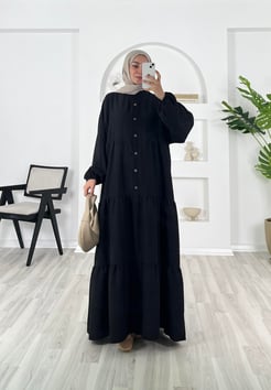 7159 - Gofre kumaş beline kadar dügmeli fırfırlı elbise - siyah