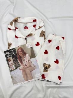 ç6807-bürümcük kumaş şortlu kısa kollu pijama takımı-beyaz 