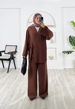 6383-cupra kumaş-üstü kimono pantolonlu takım-acı kahve