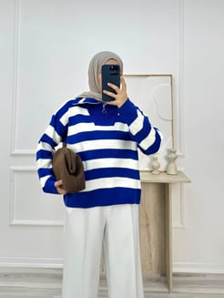 2191 fermuar yaka çizgili triko kazak-mavi
