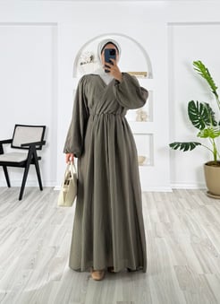 5653-wrn kumaş-çapraz biyeli kuşaklı elbise-yeşil