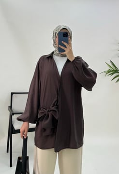 6643-moral kumaş-önden bağlamalı kimono-acı kahve