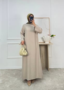 0183-tencel kumaş kuşaklı düz elbise-krem