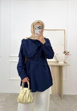 1135-terikoton kumaş broşlu tunik-lacivert 