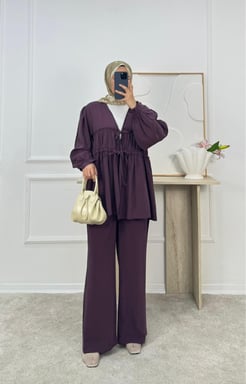 9133-modal kumaş büzgülü bağlamalı pantolonlu takım-bordo
