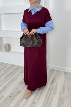 1184-kristal kumaş gömlek yaka kuşaklı elbise-bordo