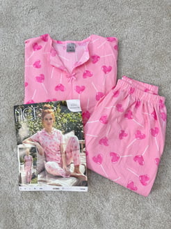 ç6227-bürümcük kumaş gömlek yaka kısa kol pijama takımı-pembe 