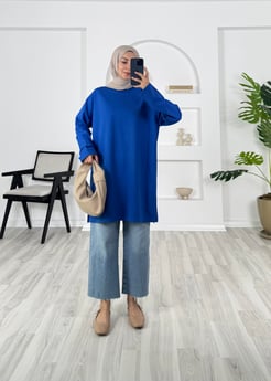 1327 - iki iplik kumaş düz model tunik - mavi    